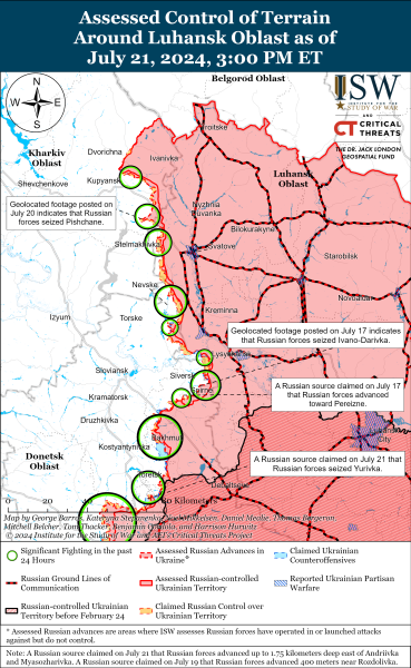 Росіяни просунулися у Донецькій і Луганській областях, у Харківській українці контратакують: карти ISW
Росіяни просунулися у Донецькій і Луганській областях, у Харківській українці контратакують: карти ISW