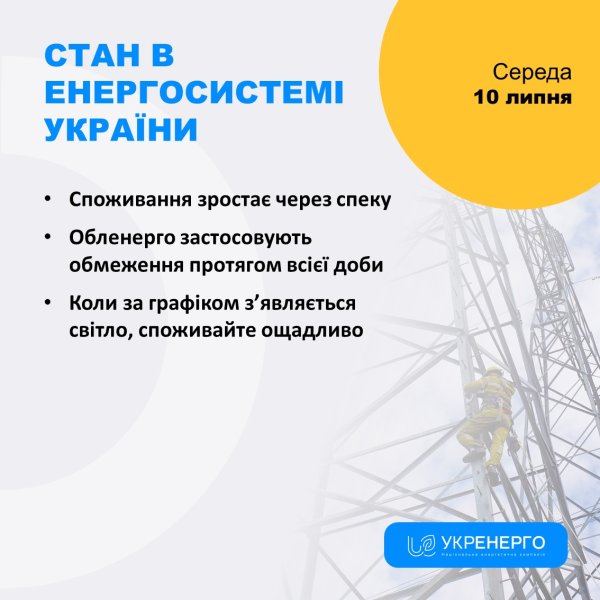 Споживання зростає через спеку: "Укренерго" оновило інформацію про графіки відключень
Споживання зростає через спеку: "Укренерго" оновило інформацію про графіки відключень