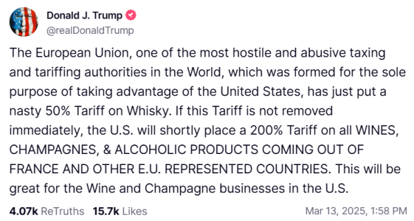 Трамп пригрозил ввести 200% пошлину на алкоголь из ЕС. Акции производителей алкоголя упали
Трамп пригрозил ввести 200% пошлину на алкоголь из ЕС. Акции производителей алкоголя упали