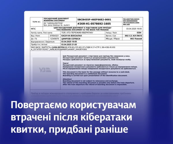 Укрзалізниця поверне користувачам втрачені після кібератаки квитки